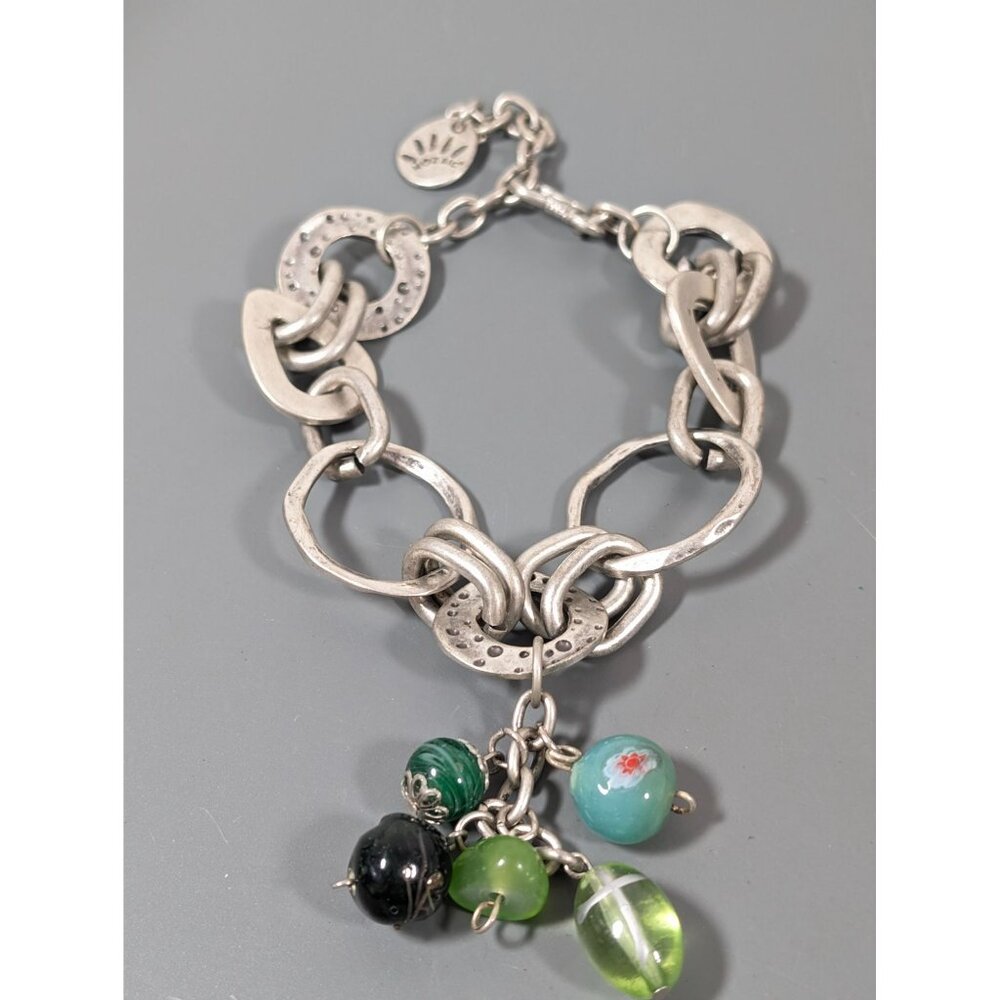 Mozaic Silver TOne Green Glass‎ Charm Chain Bracelet Chunky Boho 8.5-11"